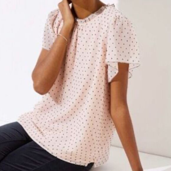 LOFT Pink Dotted Ruffle Collar Flutter Sleeve Blouse Swiss Polka Dots sz 24 Plus - Picture 1 of 10